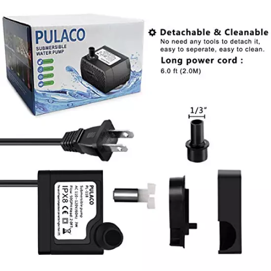 PULACO 50GPH 3W Mini Submersible Water Pump for Aquariums, Fish Tank, Pond, Fountain, Hydroponics