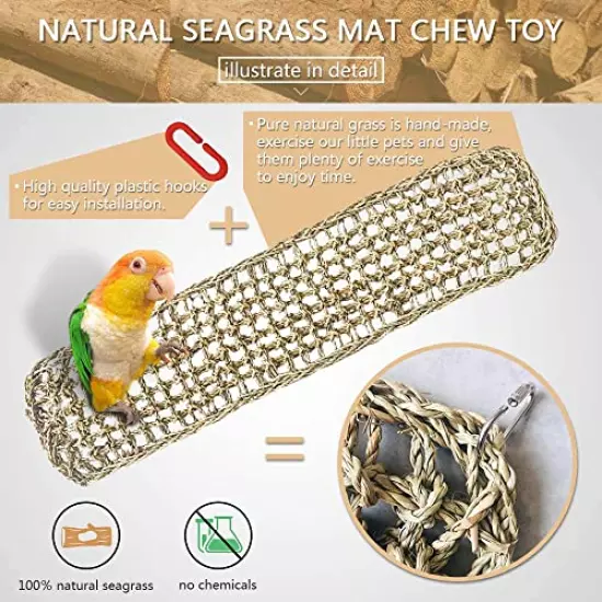 Bird Seagrass Mat,Natural Grass Woven Net Hammock Hanging on Parrot Cage with 4 Hooks,Parakeet Climbing Rope Ladder Chew Toys for Lovebird Cockatiel Conure Budgie,Cockatoo Supplies 28.3" x 6.7"