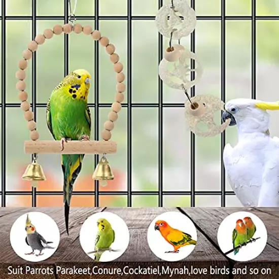 Bird Parrot Toys Swing Hanging,18 Pieces Bird Cage Accessories Toy Perch Ladder Chewing Toys Hammock for Parakeets,Cockatiels,Lovebirds,Conures,Budgie,Macaws,Lovebirds,Finches and Other Small Pets