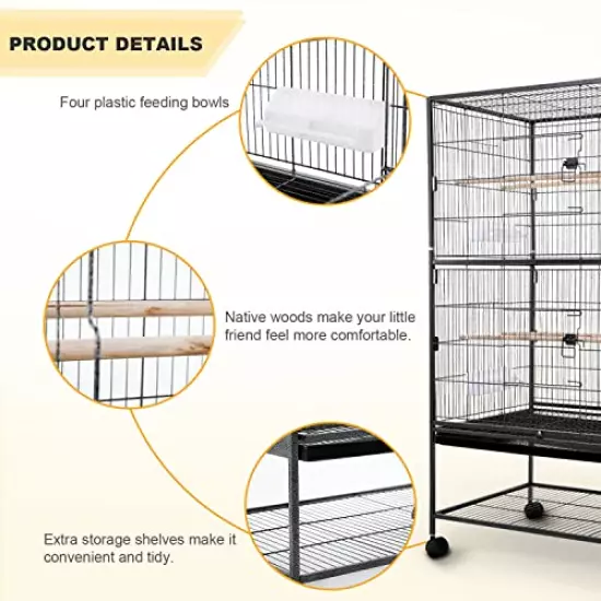 Bird Cage Large Bird Cage 53 Inch Wrought Iron Birdcages Flight King Bird Cage for Parakeets Cockatiels Parrot Green Cheek Conures Pigeons Lovebird with Rolling Stand,Removable Tray