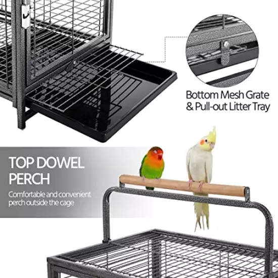 Yaheetech 25.5'' Wrought Iron Bird Travel Carrier Cage Parrot Cage with Handle Wooden Perch & Seed Guard for Small Parrots Canaries Budgies Parrotlets Lovebirds Conures Cockatiels