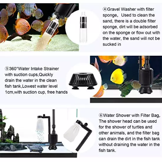 AQQA Aquarium Gravel Cleaner Siphon Kit,6 in 1 Electric Automatic Removable Vacuum Water Changer，Multifunction Wash Sand Suck The Stool Filter 110V/20W 320GPH