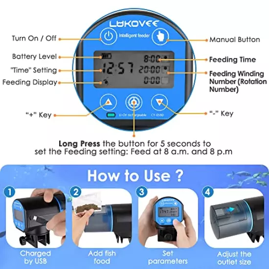 Lukovee Automatic Fish Feeder,New Generation Feeding Time Display USB Rechargeable Timer Moisture-Proof Aquarium or Fish Tank Food Dispenser with 200ML Large Capacity for Vacation Weekend Holiday