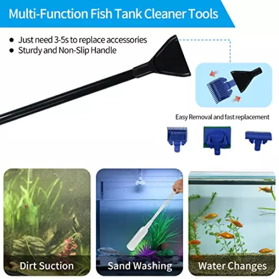 Fish Tank Cleaning Tools, Aquarium Cleaning Kit, Betta Fish Tank Accessories, Aquarium Gravel Cleaner, Algae Scrapers 5 in 1 Kit for Water Change and Sand Cleaner, Long Siphon Nozzle with Valve