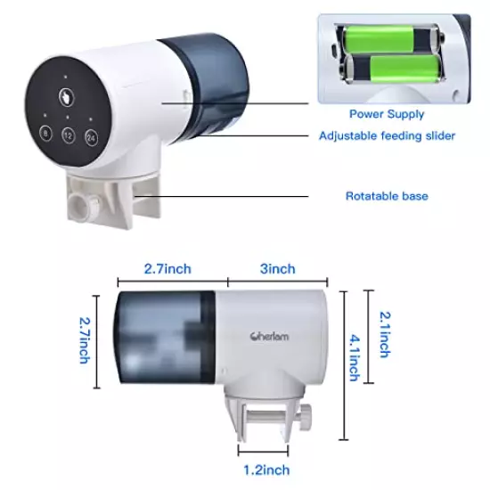 Cherlam Automatic Fish Feeder, Adjustable Aquarium Fish Feeder Dispenser, 0.05Gal Timer Feeder for Aquarium Fish Tank and Turtle Tank, LCD Auto Feeding on Vacation, Holidays