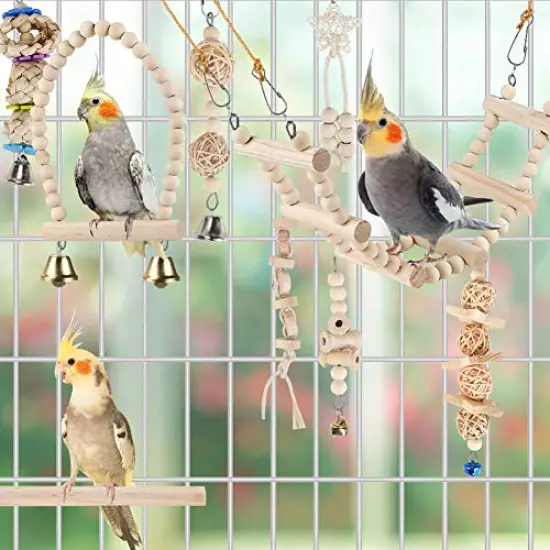 Bird Parrot Swing Toys, Chewing Standing Hanging Perch Hammock Climbing Ladder Bird Cage Toys for Budgerigar, Parakeet, Conure, Cockatiel, Mynah, Love Birds, Finches and Other Small to Medium Birds