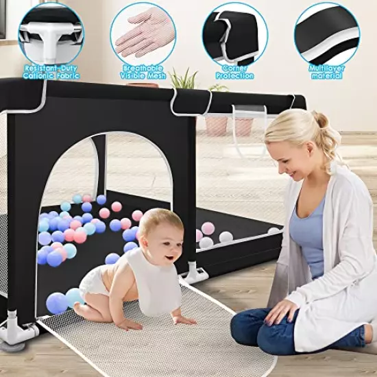 Baby Playpen, Baby Playard, Playpen for Babies with Gate Indoor & Outdoor Kids Activity Center, Newly Upgraded playpen with Thickened Bottom, Play Yard with Soft Breathable Mesh(Black)