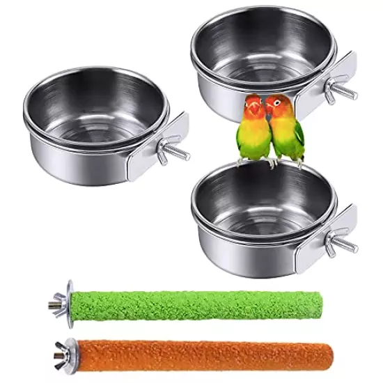 PINVNBY Bird Feeding Dish Cups Parrot Stainless Steel Food Water Dish Perch Stand Platform Paw Grinding Toy Feeder Cage Bowl with Clamp Holder for Budgies Parakeet Macaw Small Animal (5 Pack)