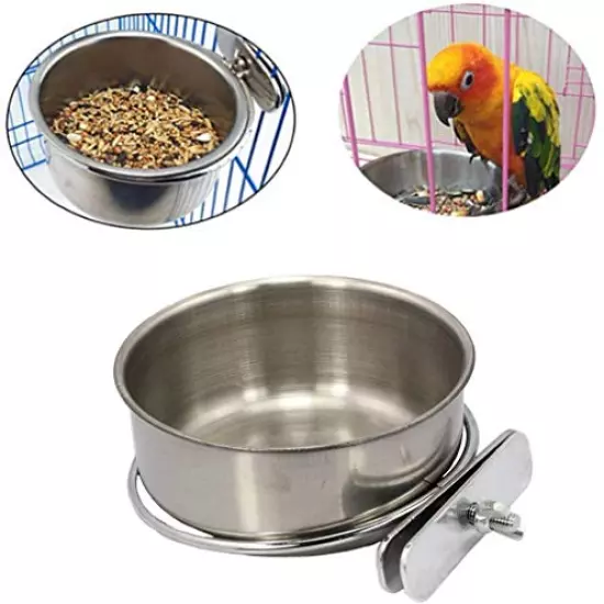 PINVNBY Parrot Feeding Cups Birds Food Dish Stainless Steel Parrot Feeders Water Cage Bowls with Clamp Holder for Cockatiel Conure Budgies Parakeet Parrot Macaw Small Animal Chinchilla Pack of 2