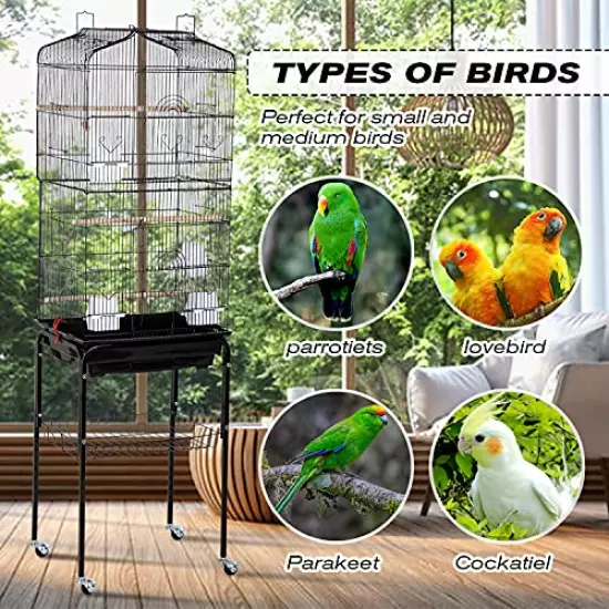 Bird Cage Parakeet Cage 64 inch Open Top Standing Parrot Cage Accessories with Rolling Stand for Medium Small Cockatiel Canary Parakeet Conure Finches Budgie Lovebirds Pet Storage Shelf