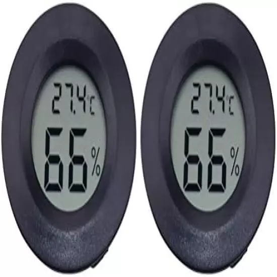 POPETPOP 2Pcs Reptiles Digital Thermometer Hygrometer, Round Shaped Temperature Humidity Meter For Lizard Gecko Snake Frog Turtle Reptiles Or Indoor Bedroom Use Black