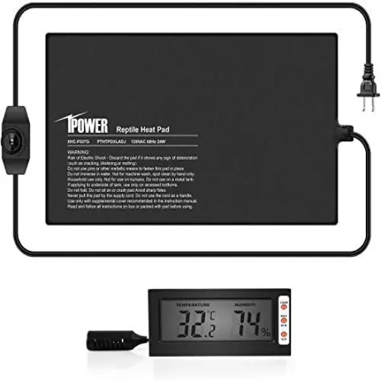 IPower Reptile Heat Mat Under Tank Warmer 4W/8W/16W/24W Terrarium Heater Heating Pad With Temperature Adjustable Controller Knob, Digital Thermometer And Hygrometer For Amphibian, Multi Sizes