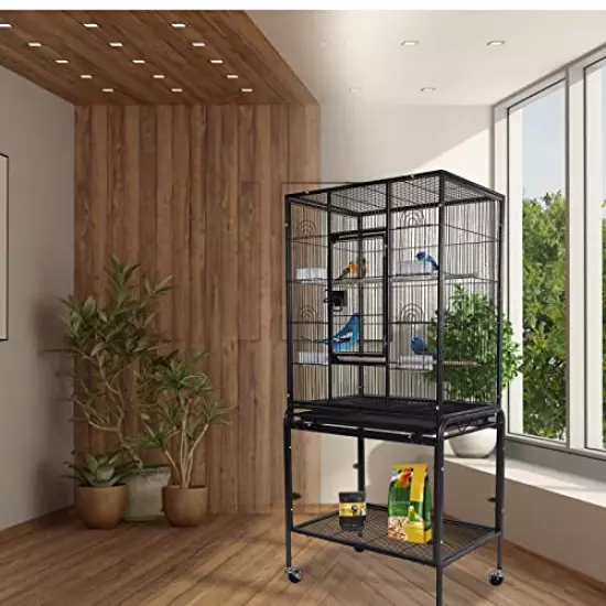 Large Bird Cage 53-inch Wrought Iron Large Bird Flight Cage with Rolling Stand & Bottom Tray for Lovebirds Finches African Grey Parrot Cockatiel Parrotlet Conures, Black Grey