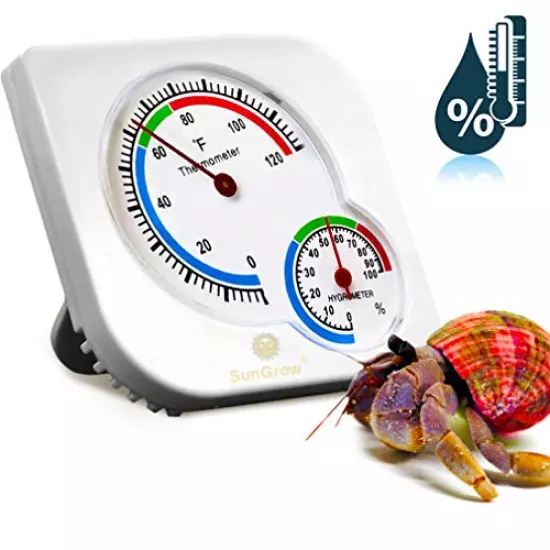 SunGrow Hermit Crab Humidity & Temperature Meter, Analog Gauges, Measures In Fahrenheit & Percent, Dual Thermometer & Hygrometer For Terrariums And Reptile, Amphibian & Hermit Tanks