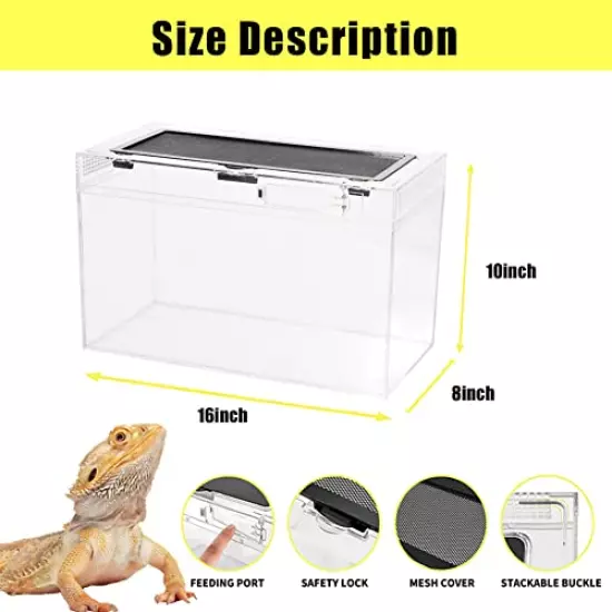 Reptile Tank Breeding Terrarium 16" x 8" x 10" Acrylic Corn Snake Box, Bristle Lizard, Hermit Crab, Insect breeding Box. Suitable for Any Small Reptiles