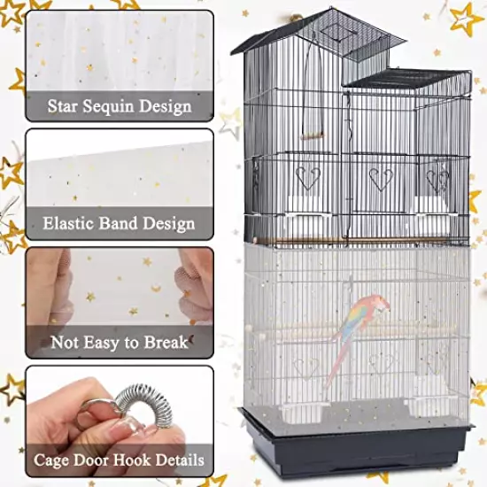 2Pcs Bird Cage Seed Catcher Birdcage Nylon Mesh Cover Twinkle Star Universal Birdcage Cover for Parakeet Round Square Cage with Spring Hook