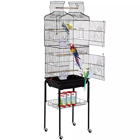 Bird Cage Parakeet Cage 64 inch Open Top Standing Parrot Cage Accessories with Rolling Stand for Medium Small Cockatiel Canary Parakeet Conure Finches Budgie Lovebirds Pet Storage Shelf