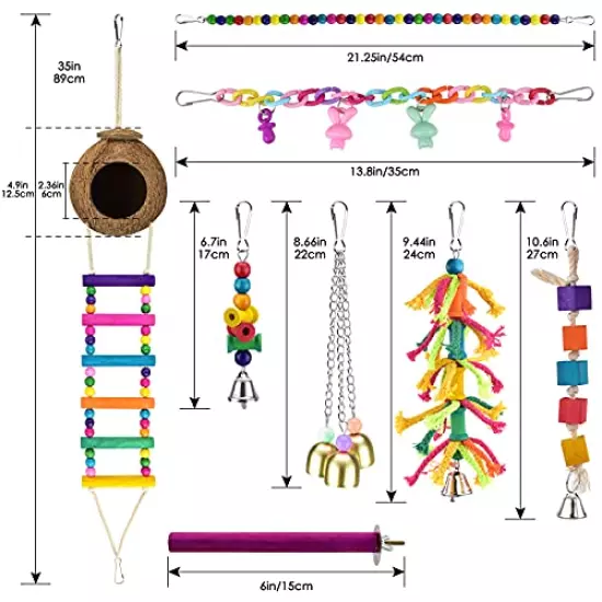 KATUMO Bird Toys, Natural Coconut Bird House with Colorful Ladder Hanging Chewing Toys Hammock Climbing Ladder Bird Colorful Toys with Bells for Parakeet, Conure, Cockatiel, Mynah, Love Birds, Finch