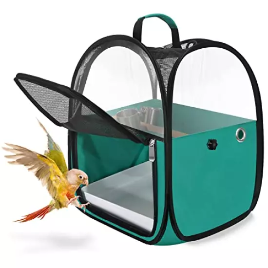 Bird Travel Carrier Foldable Bird Cage Parrot Cage with Two Feeder Bowls, Bird Perch and Bottom Tray, Portable and Breathable, Easy to Clean