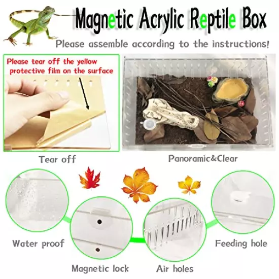 Magnetic Acrylic Reptile Cage,Transparent Enclosure Reptile Breeding Box,Breeding Box Terrarium Tank Suitable for Lizards,Tarantulas,Chameleons,Hermit Crabs,Snakes,Insect,Turtle（12x8x6 Inch）