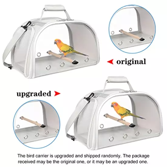 YUDODO Bird Carrier Lightweight Pet Parrot Travel Cage Portable Clear View Easy to Assemble Sturdy Roomy Breathable Cockatiel Parakeet Budgie Carrying Case with Wooden Perch Tray Bottom Shoulder Strap