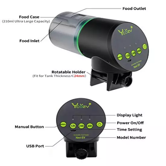 Ycozy Automatic Fish Feeder Rechargeable with USB Cable Moisture-Proof Intelligent Electric Fish/Turtle Feeder for Aquarium & Fish Tank Intelligent Timer Fish Food Dispenser for Vacation | Navi-EV