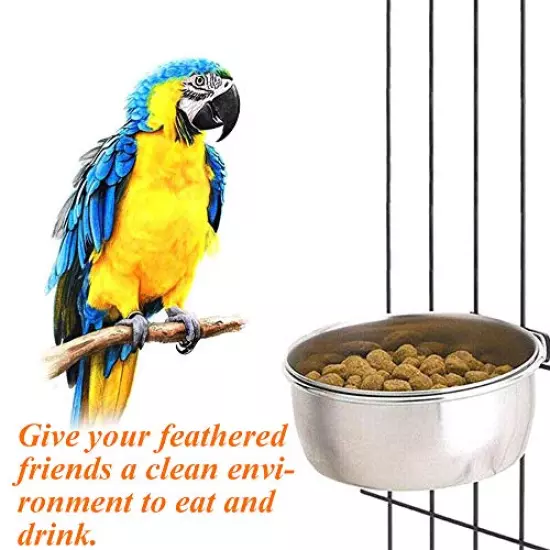 kathson 2 Pack Bird Feeding Cups with Clamp Holder, Parrot Food & Water Cage Hanging Bowl Stainless Steel Coop Cup Dish Feeder for Parakeet Cockatiels Conure Budgies Lovebird Finch