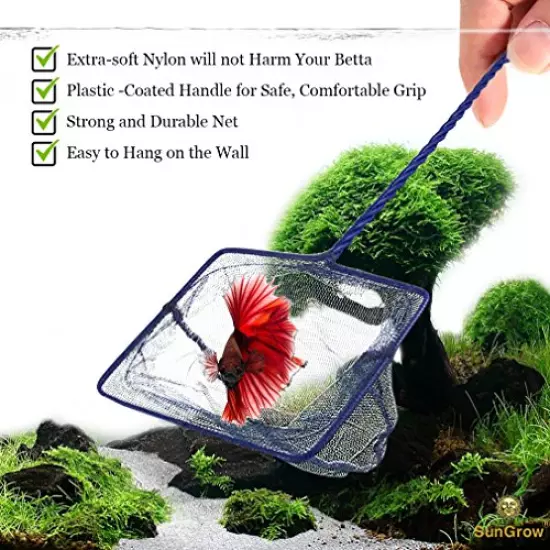 SunGrow Betta Fish Net, Protect Delicate Fin, 5x4 Inches with 11 Inches Handle, Extra Soft Nylon Net, Easy Routine Aquarium Tank Maintenance