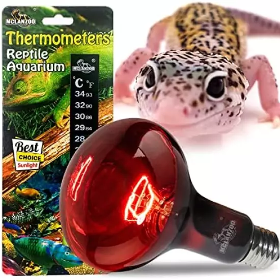 MCLANZOO 2 Pack 100W Reptile Heat Lamp Bulb Infrared Basking Spot Heat Lamp For Reptiles & Bearded Dragon Amphibian, Chicks, Dog Heating Use With Stick-on Digital Temperature Thermometer