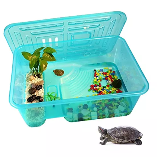 Kathson Turtle Tank Aquarium, Turtle Habitat Reptile Plastic Terrarium Safe Durable, Turtle Tank With Lid Prevent Tortoise From Climbing Escaping