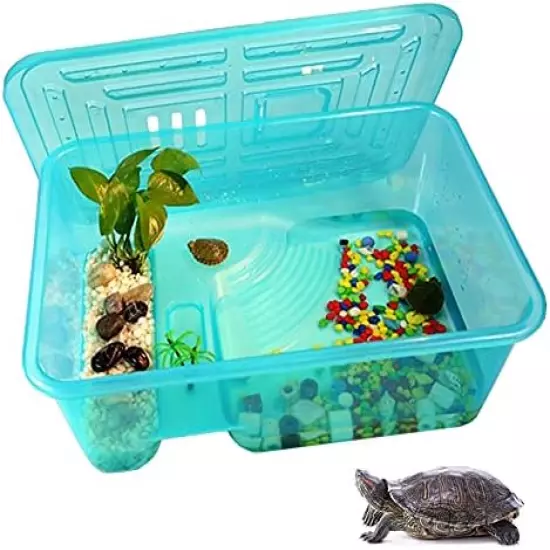 Kathson Turtle Tank Aquarium, Turtle Habitat Reptile Plastic Terrarium Safe Durable, Turtle Tank With Lid Prevent Tortoise From Climbing Escaping