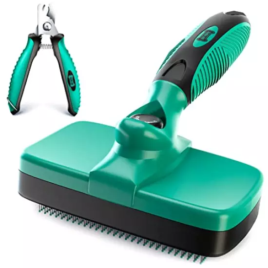 Ruff 'N Ruffus Self-Cleaning Slicker Brush | Upgraded PAIN-FREE Bristles Gently Removes Loose Undercoat, Mats & Tangled Hair | For Cats & Dogs With All Hair Types + FREE Pet Nail Clippers