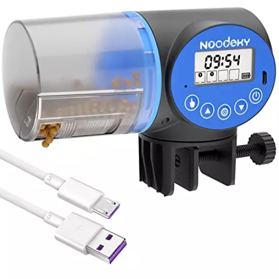 Noodoky Automatic Fish Feeder, Rechargeable Auto Fish Food Feeder Timer Dispenser for Aquarium or Small Fish Turtle Tank, Auto Feeding on Vacation or Holidays - USB Charger Cable Included