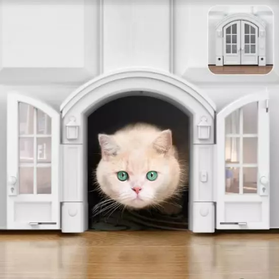 Purrfect Portal French Cat Door - Stylish No-Flap Cat Door Interior Door for Average-Sized Cats Up to 20 lbs, Easy DIY Setup, Secured Installation in Minutes, No Training Needed, 7.13 x 8.32”