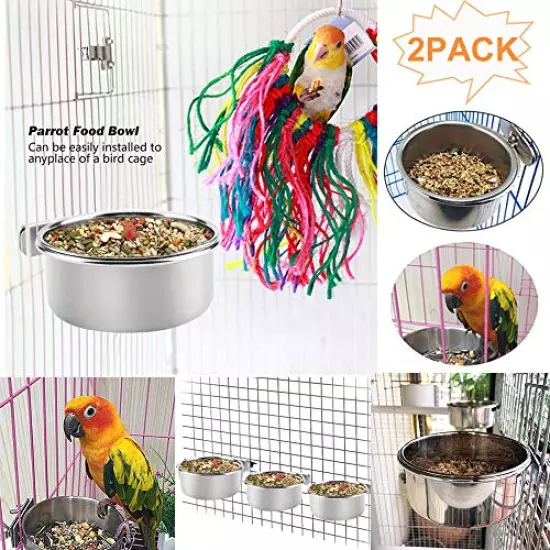 kathson 2 Pack Bird Feeding Cups with Clamp Holder, Parrot Food & Water Cage Hanging Bowl Stainless Steel Coop Cup Dish Feeder for Parakeet Cockatiels Conure Budgies Lovebird Finch