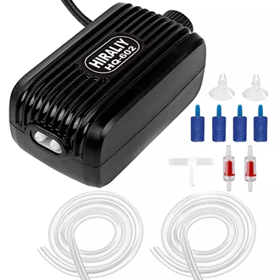 HIRALIY Aquarium Air Pump, Fish Tank Air Pump with Dual Outlet Adjustable Air Valve, Ultra Silent Oxygen Fish Tank Bubbler with Air Stones Silicone Tube Check Valves Up to 100 Gallon Tank