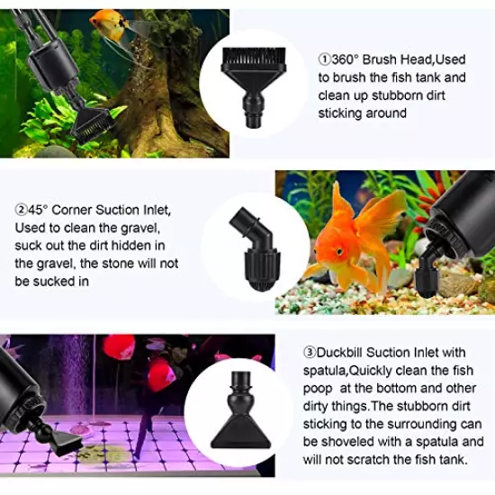 AQQA Aquarium Gravel Cleaner Siphon Kit,6 in 1 Electric Automatic Removable Vacuum Water Changer，Multifunction Wash Sand Suck The Stool Filter 110V/20W 320GPH