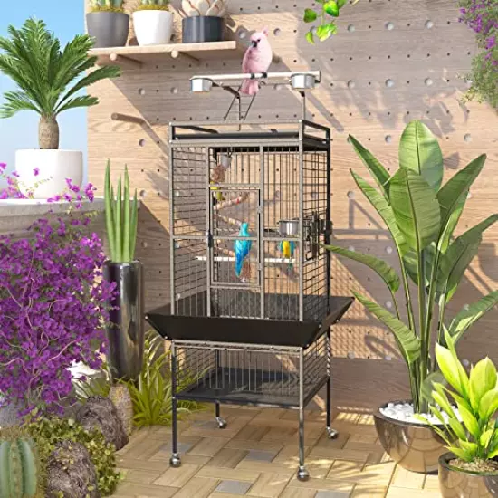 Bird Cage, Large Bird Cages Aviary with Stand on Caster Wheels, Wrought Iron Birdcage with Play Top, Used as Parakeet Cage, Parrot or Flight for Pigeons, Cockatiels