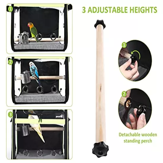 Pecute Bird Carrier Backpack, Parrots Bird Backpack with Visible Window, Adjustable Height Standing Perch, Feeding Cans, Waterproof Pads, Lightweight Foldable Birds Travel Cage for Hiking Camping