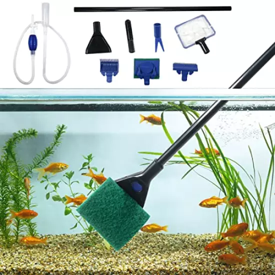 Fish Tank Cleaning Tools, Aquarium Cleaning Kit, Betta Fish Tank Accessories, Aquarium Gravel Cleaner, Algae Scrapers 5 in 1 Kit for Water Change and Sand Cleaner, Long Siphon Nozzle with Valve