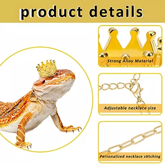 8 Pieces Lizard Crown Necklace Set Bearded Dragon Crown and Chain Gold and Silver Alloy Reptile Clothes Accessories Lizard Photo Props for Bearded Dragons Iguana Amphibians and Other Small Animals