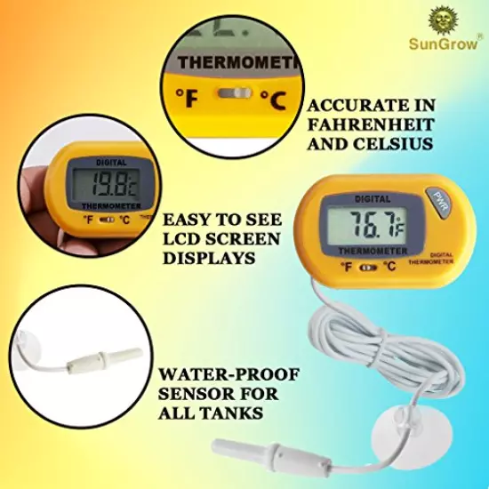 SunGrow Reptile Digital Thermometer, Waterproof Sensor Probe Monitors Temperature Accurately, Includes Replaceable Batteries, Easy To Read Display Black