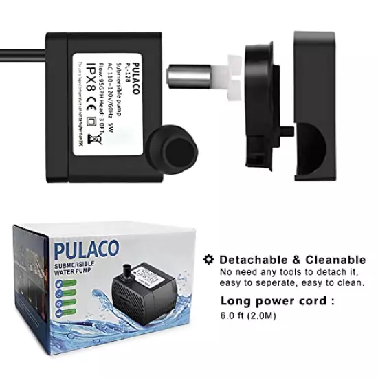 PULACO 95GPH 5W Mini Submersible Water Pump for Aquarium Fish Tank, Pond, Fountain, Hydroponics