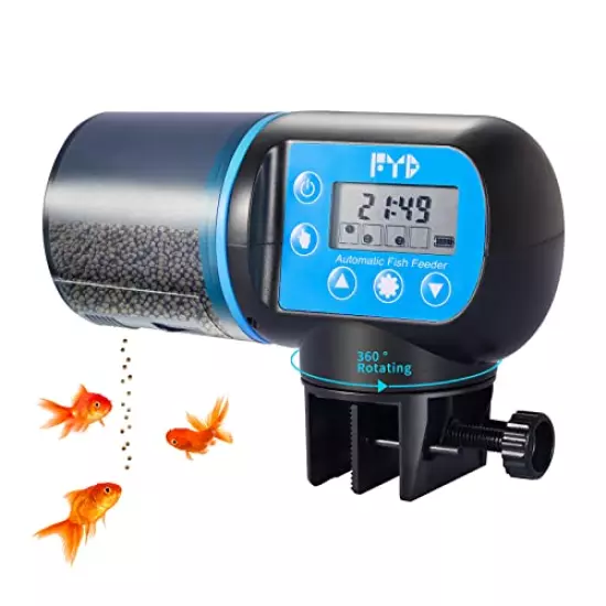 Auto Fish Feeder for Aquarium, FYD Automatic Fish Feeder Food Timer Dispenser for Small Fish Tank, Vacation, Goldfish, 4 Feeding Time/Rotation Adjustable