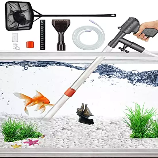 QZQ Aquarium Gravel Cleaner [2022 Edition] Vacuum Fish Tank Vacuum Cleaner Tools for Aquarium Water Changer with Aquarium Thermometers Fish Net kit Use for Fish Tank Cleaning Gravel and Sand