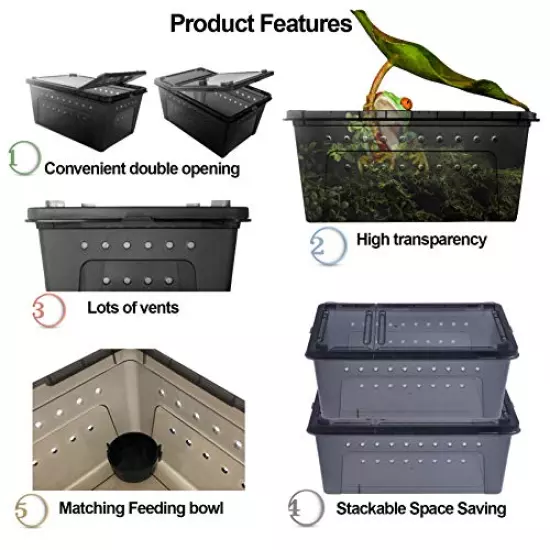 kathson Reptile Feeding Box Small Snake Breeding Container Transparent Portable Hatching Incubation Box Mini Pet House for Lizard Tarantula Spider Frog Scorpion (Black)