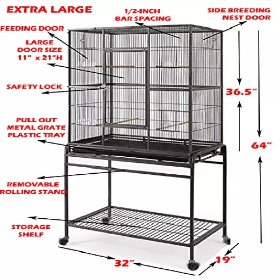 54"/64" Extra Large Wrought Iron Breeding Flight Canary Parakeet Cockatiel Lovebird Finch Cage Side Nesting Doors with Removable Rolling Stand