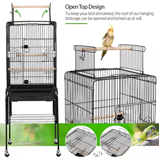 Yaheetech Open Top Rolling Parrot Bird Cage for Cockatiel Sun Parakeet Green Cheek Conure Mid-Sized Parrot Cage with Detachable Stand