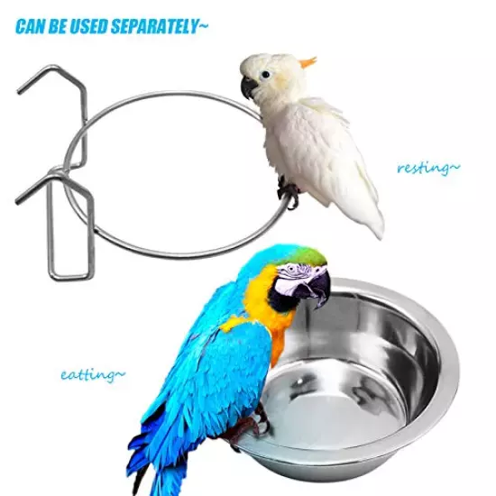 2 Pack Bird Feeder Birds Bowls Stainless Steel Dishes Coop Cups with Wire Hook, Parrot Feeding Dish Cups Food Water Bowls with Bird Food Holder and Rattan Ball for Finches Lovebirds