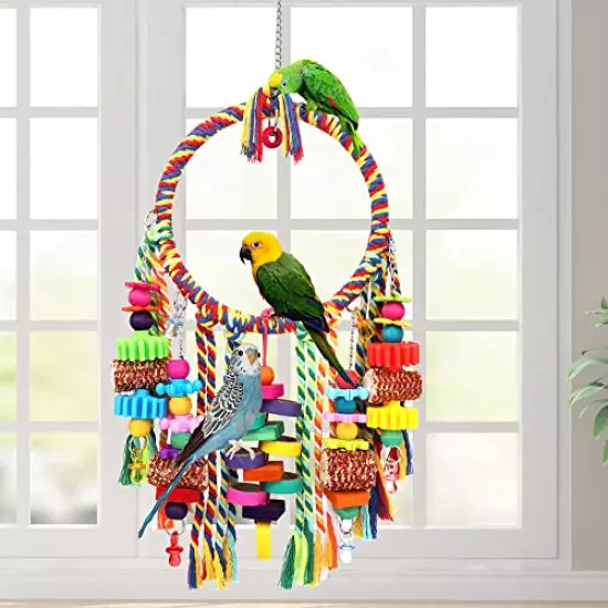 Bird Toys Bird Rope Ring Swing Perch with Corn Cob Cardboard Bagels Wooden Blocks Chewing Toys for Parakeets,Cockatiels,Conure,Lovebirds,Finches and Other Small-Sized Birds